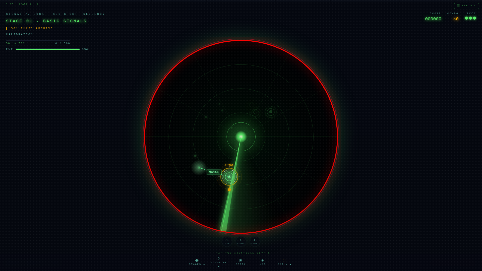 Signal//Lock dish under pressure — red saturation ring around the green sweep with active vector lines