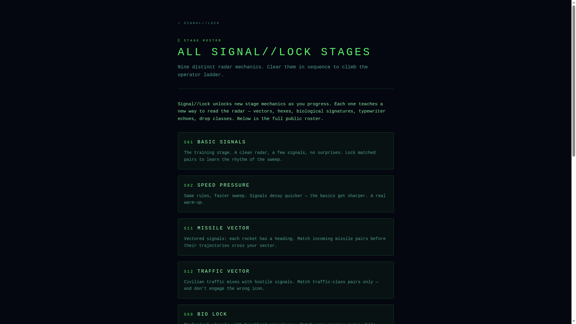 Signal//Lock public stage roster — Basic Signals, Speed Pressure, Missile Vector, Traffic Vector, Bio Lock